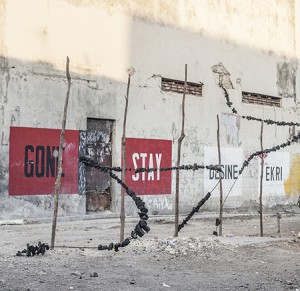 Joe Winter, ISTWA II - Charbon (HISTORY II - Charcoal), 2013. Charcoal, metal, 15 x 8 ft. Photo: Multiversal Services/Ghetto Biennale.